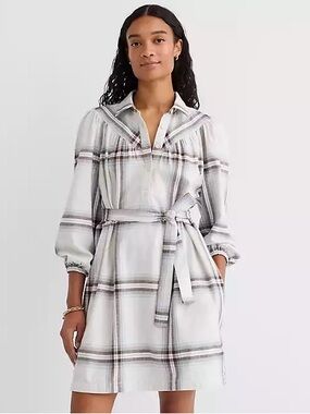 LOFT White and Gray Plaid Belted Shirt Dress
